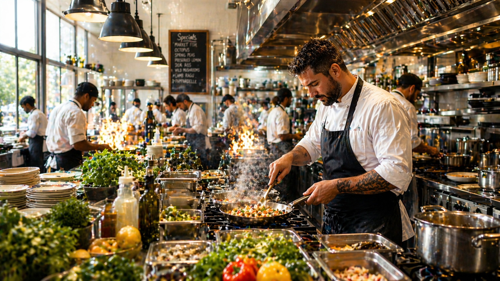 Chef cooking in a premium restaurant kitchen